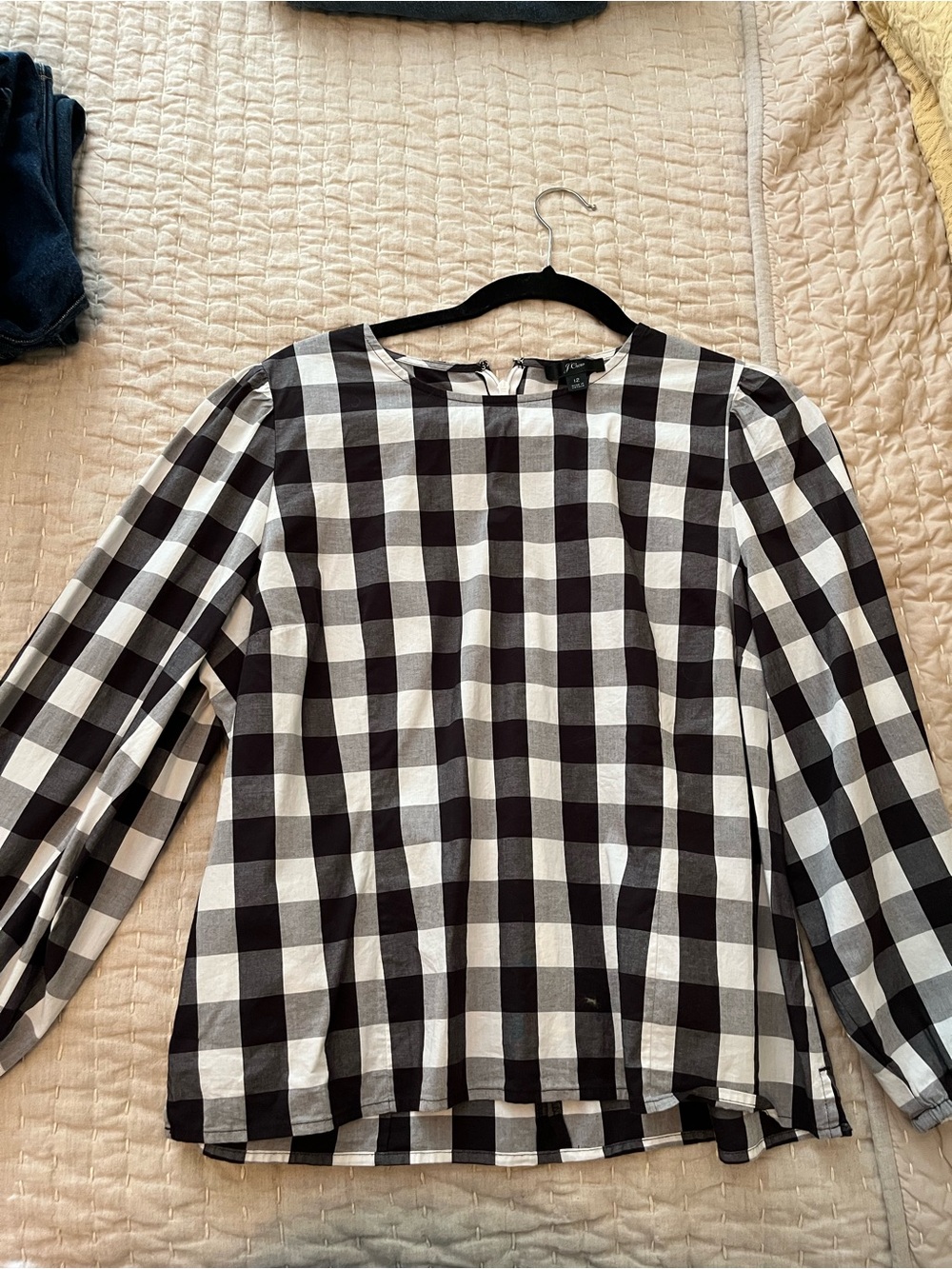 J. Crew Black and White Gingham Puff-Sleeve Blouse